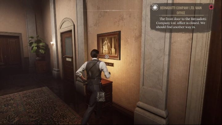 Move on to the picture hanging between the offices and the metal plaque underneath - Sherlock Holmes Chapter One: The Muse from Abroad, Norton and Bernadotti - walkthrough, solution - The Muse From Abroad - Sherlock Holmes Chapter One Guide