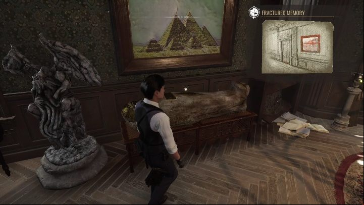 Under a large painting you will see a sarcophagus - Sherlock Holmes Chapter One: A Mothers Love, cabinet of curiosities - walkthrough - Motherly love #4 - Sherlock Holmes Chapter One Guide