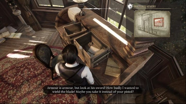 You'll find the first desk on the right side of the room, right by the window - Sherlock Holmes Chapter One: A Mothers Love, cabinet of curiosities - walkthrough - Motherly love #4 - Sherlock Holmes Chapter One Guide
