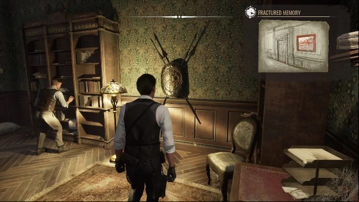 There's a shield and two spears on the wall between the shelves - Sherlock Holmes Chapter One: A Mothers Love, cabinet of curiosities - walkthrough - Motherly love #4 - Sherlock Holmes Chapter One Guide