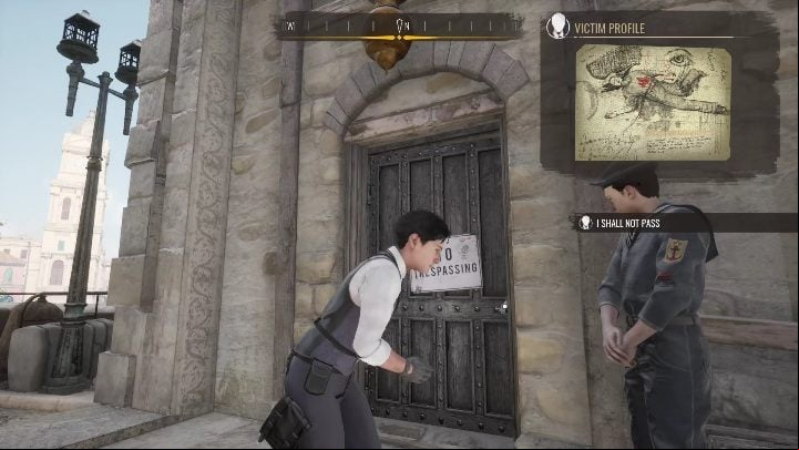 You can now use the "No Tressing" door - Sherlock Holmes Chapter One: Love, Death, and Cordona - walkthrough, solution - Mycroft Cases - Sherlock Holmes Chapter One Guide