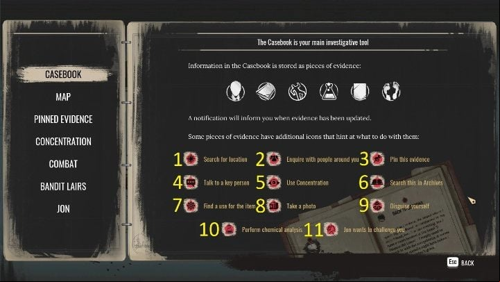 The screenshot above shows icons that you may encounter during your tasks - Sherlock Holmes Chapter One: Task selection - Basics - Sherlock Holmes Chapter One Guide