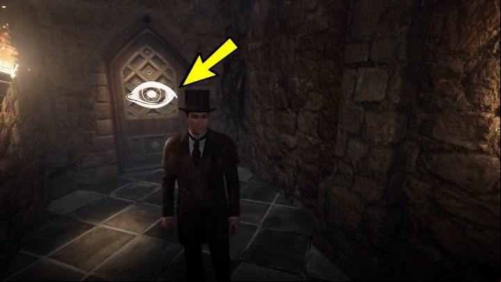 When you notice the eye on the door through which you have just ed, enter the concentration mode - Sherlock Holmes The Awakened: Visions of Sherlock Holmes, warehouses underground - Chapter 2 - Port of London - Sherlock Holmes The Awakened Walkthrough