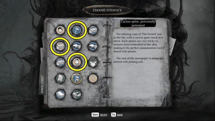 Select the Provide Evidence option and check - Sherlock Holmes The Awakened: Chapter 1, Barnes Bookshop - Chapter 1 - Baker Street - Sherlock Holmes The Awakened Walkthrough