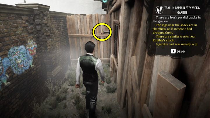 Finally, go around the shed and examine the rag sticking out of the chimney - Sherlock Holmes The Awakened: Chapter 1, Stenwicks Manor - Chapter 1 - Baker Street - Sherlock Holmes The Awakened Walkthrough