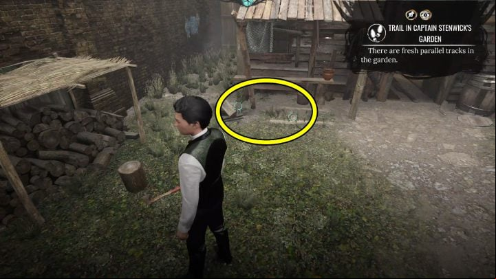 Pin the Trail in Captain Stenwick's garden and, in concentration mode, investigate 2 clues in front of the shed - Sherlock Holmes The Awakened: Chapter 1, Stenwicks Manor - Chapter 1 - Baker Street - Sherlock Holmes The Awakened Walkthrough