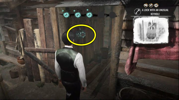 Leave the shed, approach the back door to the garden and look at the padlock - Sherlock Holmes The Awakened: Chapter 1, Stenwicks Manor - Chapter 1 - Baker Street - Sherlock Holmes The Awakened Walkthrough