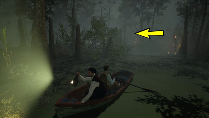 Once you encounter alligators, turn back and approach the torch - Sherlock Holmes The Awakened: The Swamp - Chapter 6 - Wetlands - Sherlock Holmes The Awakened Walkthrough