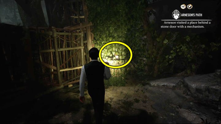 Pin the Arneson's Path evidence to the screen and approach the plant found at the cages near the campfire - Sherlock Holmes The Awakened: The Swamp - Chapter 6 - Wetlands - Sherlock Holmes The Awakened Walkthrough
