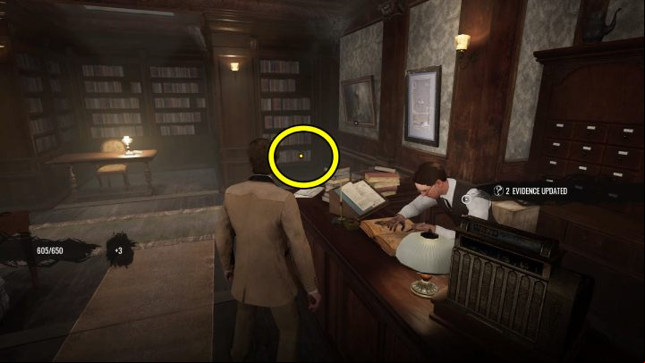 Go to the bookshelf on the left side of the counter and pick up a clue - Sherlock Holmes The Awakened: London - Chapter 7 - London - Sherlock Holmes The Awakened Walkthrough