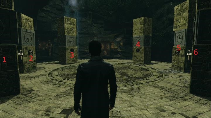 Use the fourth lever to get to the first reel. Then use lever 6 to unlock another door with the piece. Then move lever 5 and lever 3 to unlock the third piece of the age. Finally move lever 2 in order to get out - Reconstruction of events in the temple | Walkthrough - A Study in Green | Walkthrough - Sherlock Holmes: The Devils Daughter Game Walkthrough
