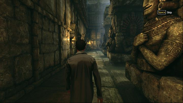 Run next to the smiling figures. Avoid the evil ones because they will kill you - Reconstruction of events in the temple | Walkthrough - A Study in Green | Walkthrough - Sherlock Holmes: The Devils Daughter Game Walkthrough