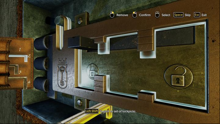 Select lockpick number 1 for the outside mechanism and lockpick number 3 for the inside mechanism. Then use lockpick 3 outside and lockpick 4 inside. - Disarming the bomb and visiting Alices house | Walkthrough - Infamy | Walkthrough - Sherlock Holmes: The Devils Daughter Game Walkthrough