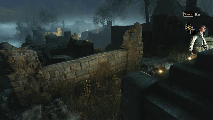 Wait for the man to go towards the wall. Once that happens, go towards the road - Monastery | Walkthrough - Infamy | Walkthrough - Sherlock Holmes: The Devils Daughter Game Walkthrough