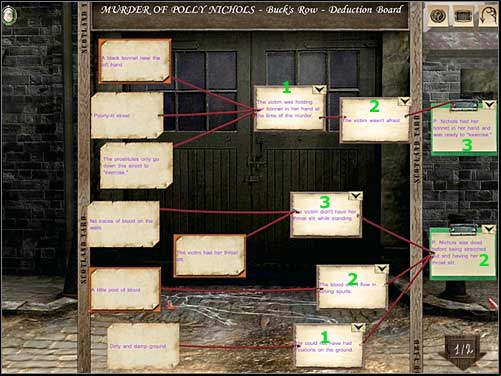 Deduction Board (murder of Polly Nichols - Buck's Row) 1/2 - Buck's Row, night 1/2 September 1888 - Walkthrough - Sherlock Holmes vs. Jack the Ripper - Game Guide and Walkthrough