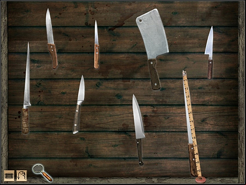 With your measure tape check all knifes and take the last one - Whitechapel, night 7/8 October 1888 - Walkthrough - Sherlock Holmes vs. Jack the Ripper - Game Guide and Walkthrough