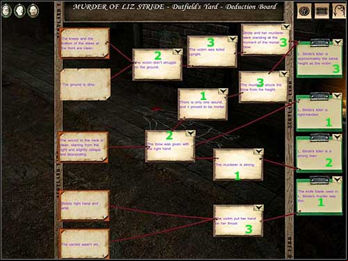 Deduction Board (murder of Liz Stride - Dutfield's Yard) - Dutfield's Yard, night 7/8 October 1888 - Walkthrough - Sherlock Holmes vs. Jack the Ripper - Game Guide and Walkthrough