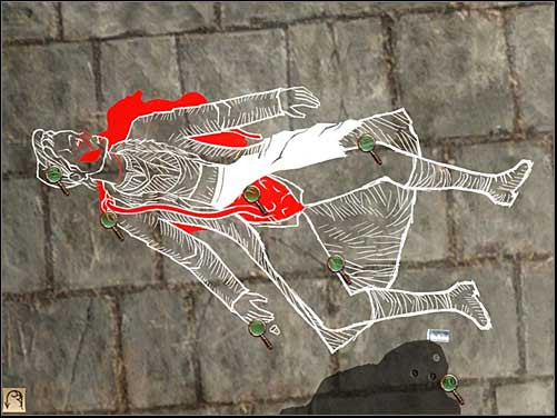 Cancel the zoom and make some further inspections: intestine on the right arm, open stomach, missing uterus and kidney, a piece of white apron and few other things - Mitre Square, night 7/8 October 1888 - Walkthrough - Sherlock Holmes vs. Jack the Ripper - Game Guide and Walkthrough