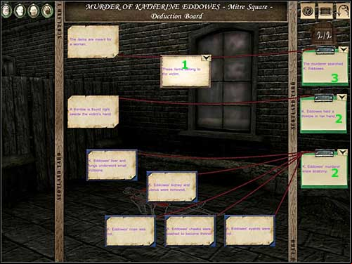 Deduction Board (murder of Katherine Eddowes - Mitre Square) 2/2 - Mitre Square, night 7/8 October 1888 - Walkthrough - Sherlock Holmes vs. Jack the Ripper - Game Guide and Walkthrough