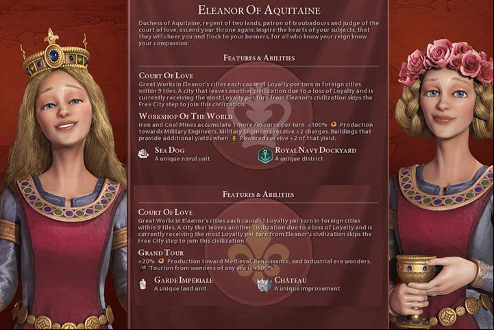 Eleanor is an unusual leader who can lead one of two nations present in the game for a long time - and England - Civilization 6: /England (Gathering Storm) - Eleonor, nation description - Gathering Storm Added Nations - Sid Meiers Civilization VI Game Guide