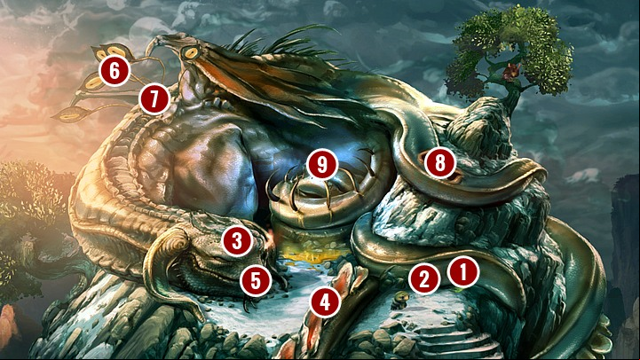 At first eat some of green secretion from the dragons bottom right nostril (1), then as Sticky Spot pull the rock cork from bottom left nostril (2) by moving the cursor to the left - Chapter Two | Walkthrough - Walkthrough - Silence: The Whispered World 2 Game Guide