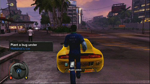 When the man go away from his car, plant a bug under it - Hotshot Lead 2 - Cop Missions - Sleeping Dogs - Game Guide and Walkthrough