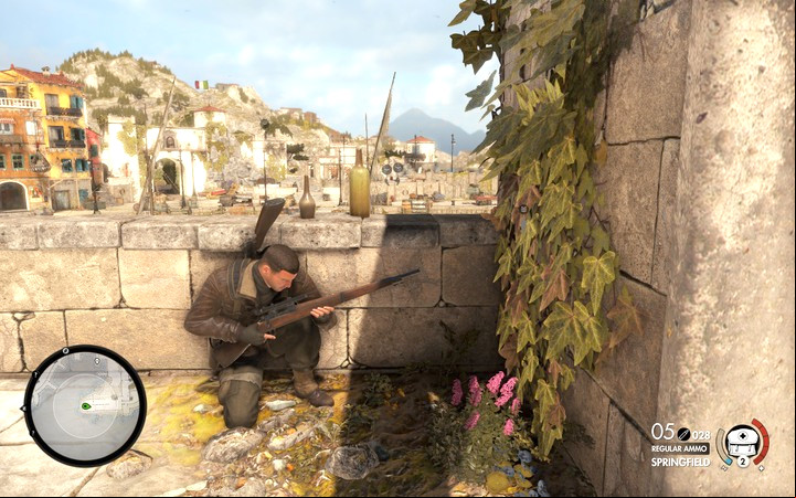 From here you can fire two shots to eliminate two guards on the roofs - Mission information | Mission 2 Bitanti Village in Sniper Elite 4 - Mission 2: Bitanti Village - Sniper Elite 4 Game Guide