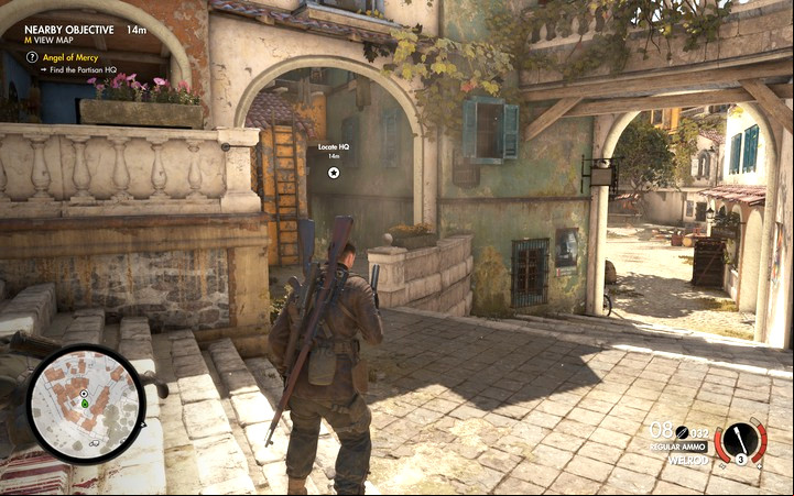 The main quarters can be found in front of the main courtyard (M2 - Finding Partisan HQ | Mission 2 Bitanti Village in Sniper Elite 4 - Mission 2: Bitanti Village - Sniper Elite 4 Game Guide