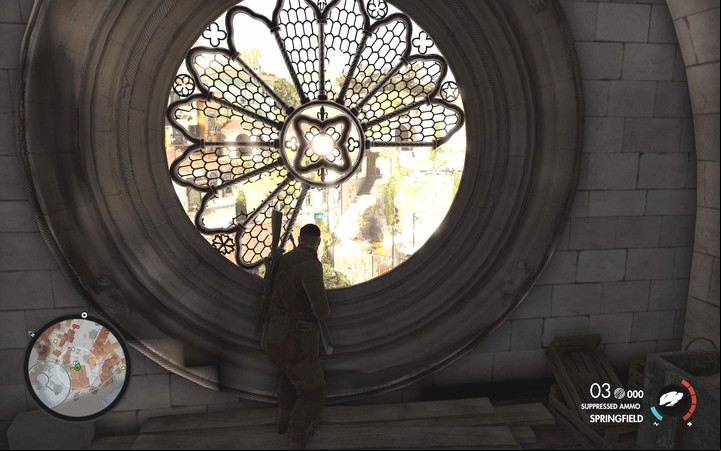 The church window gives a full view of the entire courtyard and will let you hide from hostile fire - Finding Partisan HQ | Mission 2 Bitanti Village in Sniper Elite 4 - Mission 2: Bitanti Village - Sniper Elite 4 Game Guide