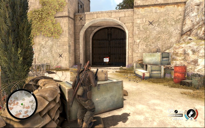Blow up the main gate to get to the castle - Finding Partisan HQ | Mission 2 Bitanti Village in Sniper Elite 4 - Mission 2: Bitanti Village - Sniper Elite 4 Game Guide