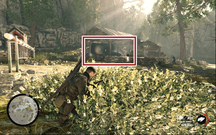 Throw stones at cars and blow them up afterwards. On higher difficulty levels, the opponents cannot be tricked twice in that way. - Blowing up the storage house | Mission 3 Regilino Viaduct in Sniper Elite 4 - Mission 3: Regilino Viaduct - Sniper Elite 4 Game Guide