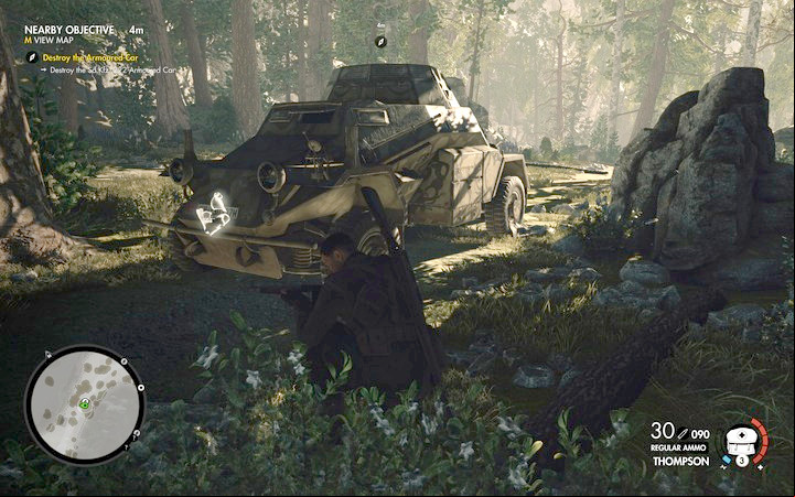 Set the timer in the bomb, or detonate it with a shot from a distance. - Destroying the Sd. Kfz 222 armored car | Mission 3 Regilino Viaduct - Mission 3: Regilino Viaduct - Sniper Elite 4 Game Guide