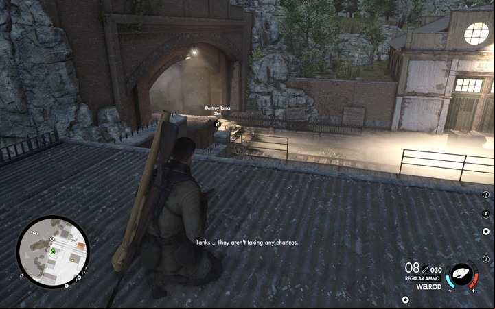 One of the tanks comes out from the tunnel close to you - Destroy the tanks | Mission 4 Lorino Dockyard in Sniper Elite 4 - Mission 4: Lorino Dockyard - Sniper Elite 4 Game Guide