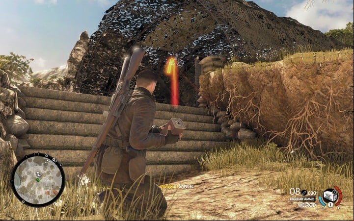 TNT with delay-action fuse - it doesnt matter if it kills someone, what matters is that it destroys a cannon - The first cannon and radio station | Mission 5 Abrunza Monastery - Mission 5: Abrunza Monastery - Sniper Elite 4 Game Guide