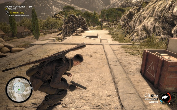Be careful when you go to the bunker - someone on the street can notice you - The second document and Panzerfaust | Mission 5 Abrunza Monastery - Mission 5: Abrunza Monastery - Sniper Elite 4 Game Guide