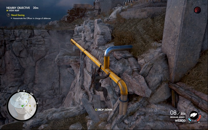 You can use the pipes above the chasm to unnoticed - The second, third and fourth coastal cannon | Mission 6 Magazzeno Facility - Mission 6: Magazzeno Facility - Sniper Elite 4 Game Guide