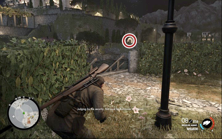 Now, get into the building across the basement (M7,4) (go right past the bridge) and climb up - Kill Rothbauer | Mission 7 Giovi Fiorini Mansion in Sniper Elite 4 - Mission 7: Giovi Fiorini Mansion - Sniper Elite 4 Game Guide