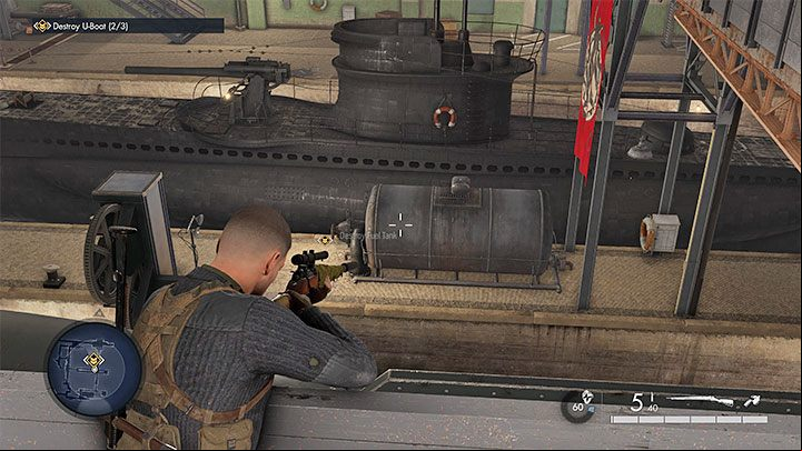 The U-Boot from the northern dock can be taken care of by firing at the fuel tank shown in the picture - Sniper Elite 5: Destroying the U-Boots and Kraken (Mission 8) - walkthrough - Mission 8 - Rubble and ruins - Sniper Elite 5 Guide, Walkthrough