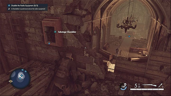 After reaching the upper floor, you can sabotage the chandeliers in the place shown in the picture - they will fall down and destroy the radio equipment (and kill nearby enemies) - Sniper Elite 5: Side missions in mission 8 (Rubble and Ruin) - walkthrough - Mission 8 - Rubble and ruins - Sniper Elite 5 Guide, Walkthrough