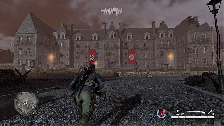 The Town Hall is away from the main part of the city and has not been seriously damaged - Sniper Elite 5: Map of Mission 8 (Rubble and Ruin) and location description - Mission 8 - Rubble and ruins - Sniper Elite 5 Guide, Walkthrough