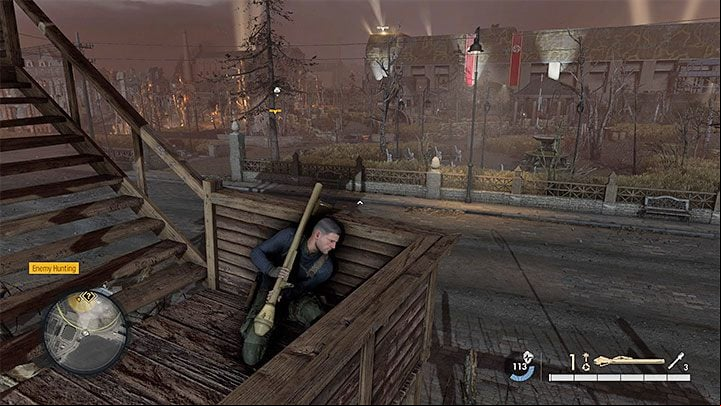 The park in the north-eastern part of the city is guarded by enemies and a tank , but destroying the enemy vehicle is purely optional - Sniper Elite 5: Map of Mission 8 (Rubble and Ruin) and location description - Mission 8 - Rubble and ruins - Sniper Elite 5 Guide, Walkthrough