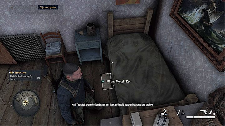 In one of the bedrooms, you will find a safe hidden in the floor next to the bed (picture above) - Sniper Elite 5: Recovering resistance intel (mission 1) - walkthrough - Mission 1 - Atlantic Wall - Sniper Elite 5 Guide, Walkthrough