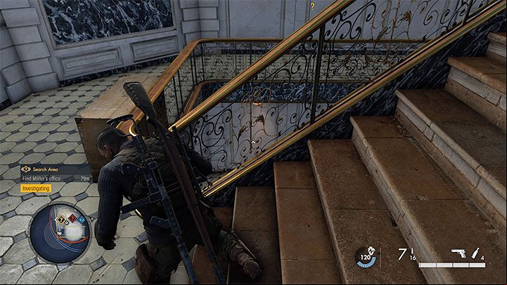 After reaching the upper balconies, go east to reach the staircase - Sniper Elite 5: Kill List Target from mission 2, Friedrich Kummler - walkthrough - Mission 2 - Occupied Residence - Sniper Elite 5 Guide, Walkthrough