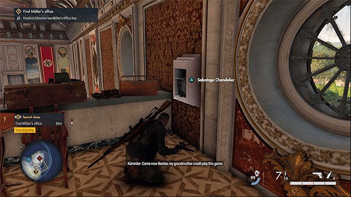 On the right side, you will find a mechanism of the chandelier hanging above the ballroom - Sniper Elite 5: Kill List Target from mission 2, Friedrich Kummler - walkthrough - Mission 2 - Occupied Residence - Sniper Elite 5 Guide, Walkthrough