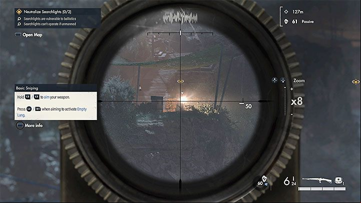 The first objective (Neutralize Searchlights) is a part of the tutorial of Sniper Elite 5 - this task is received while on board a surfaced submarine - Sniper Elite 5: Securing the Beach and Helping the Resistance (Mission 1) - walkthrough - Mission 1 - Atlantic Wall - Sniper Elite 5 Guide, Walkthrough