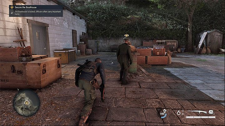 Further ahead, you'll reach the Boathouse and receive an objective to secure it - Sniper Elite 5: Securing the Beach and Helping the Resistance (Mission 1) - walkthrough - Mission 1 - Atlantic Wall - Sniper Elite 5 Guide, Walkthrough