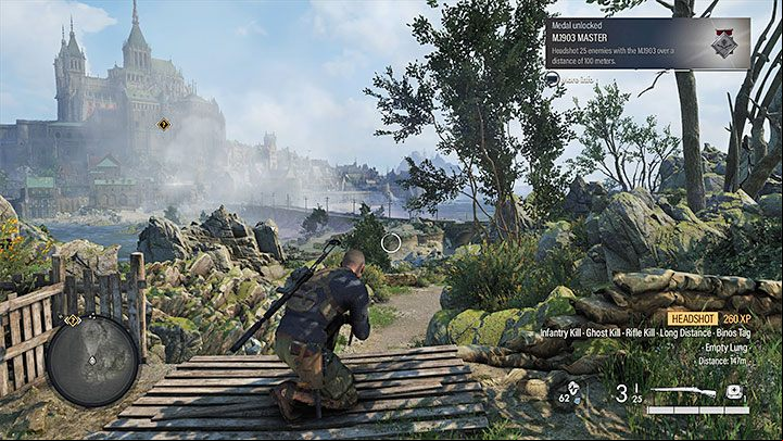 You start at the southern end of the map, and before you deal with the first main objective of the mission, you have to reach the northern island (the one with the monastery) - Sniper Elite 5: Infiltrating the island and determining the meeting place (mission 3) - walkthrough - Mission 3 - Spy Academy - Sniper Elite 5 Guide, Walkthrough