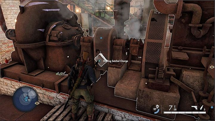 First, get rid of the enemies on the footbridges above and then start exploring the lower level of the building - Sniper Elite 5: Side missions from Mission 4 - walkthrough - Mission 4 - War Factory - Sniper Elite 5 Guide, Walkthrough
