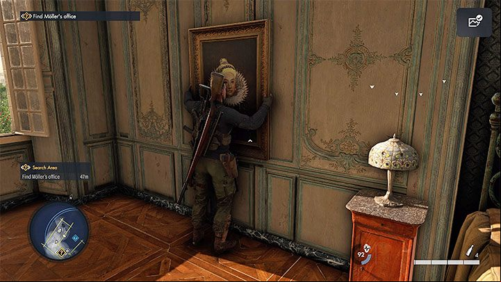 Now interact with the painting on the wall to move it and reveal the safe - Sniper Elite 5: Retrieving stolen antiques (Mission 2 side quest) - walkthrough - Mission 2 - Occupied Residence - Sniper Elite 5 Guide, Walkthrough