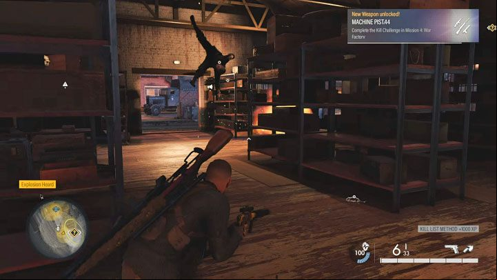 After opening the side door, sneak up from behind and stand in the place where you can see the rat bomb (example in picture 1) - Sniper Elite 5: Kill List Target - Matthaus Ehrlich (Mission 4) - walkthrough - Mission 4 - War Factory - Sniper Elite 5 Guide, Walkthrough